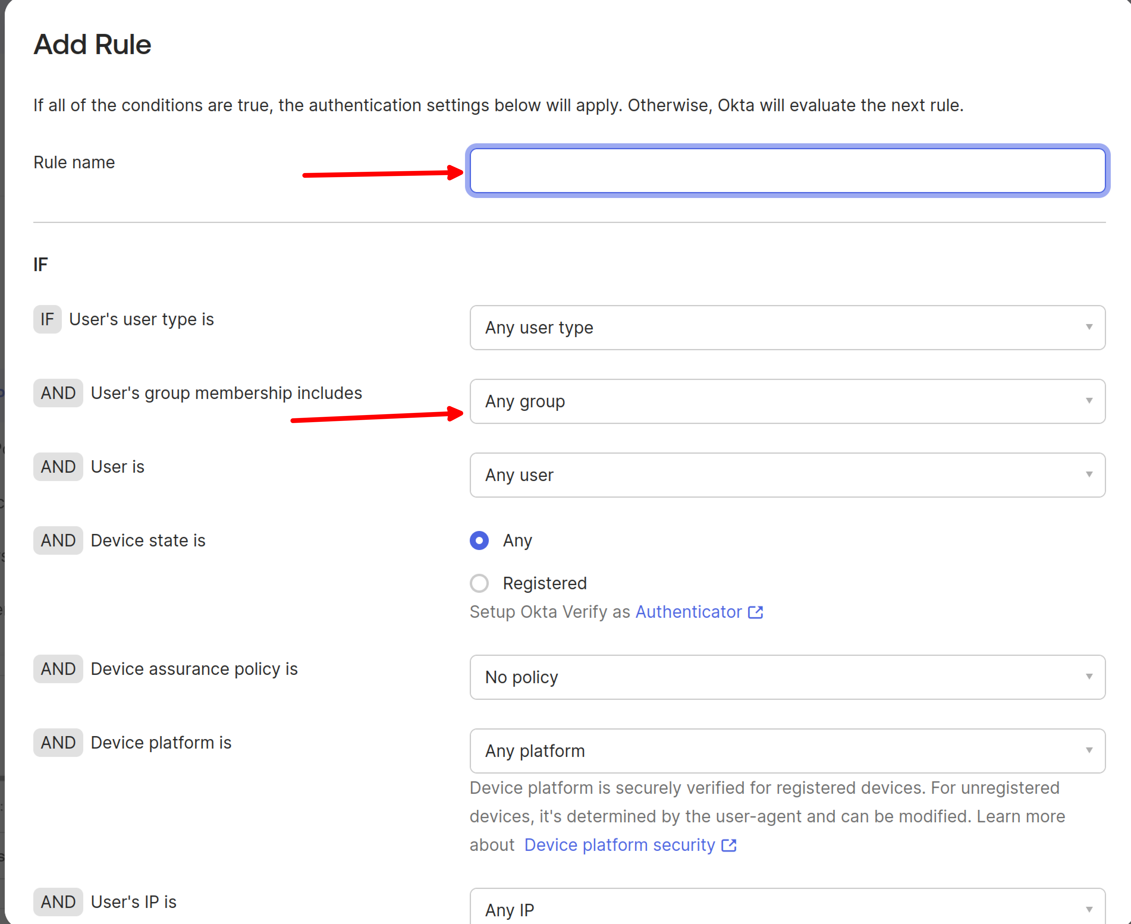 Okta - Configure Authentication Rule