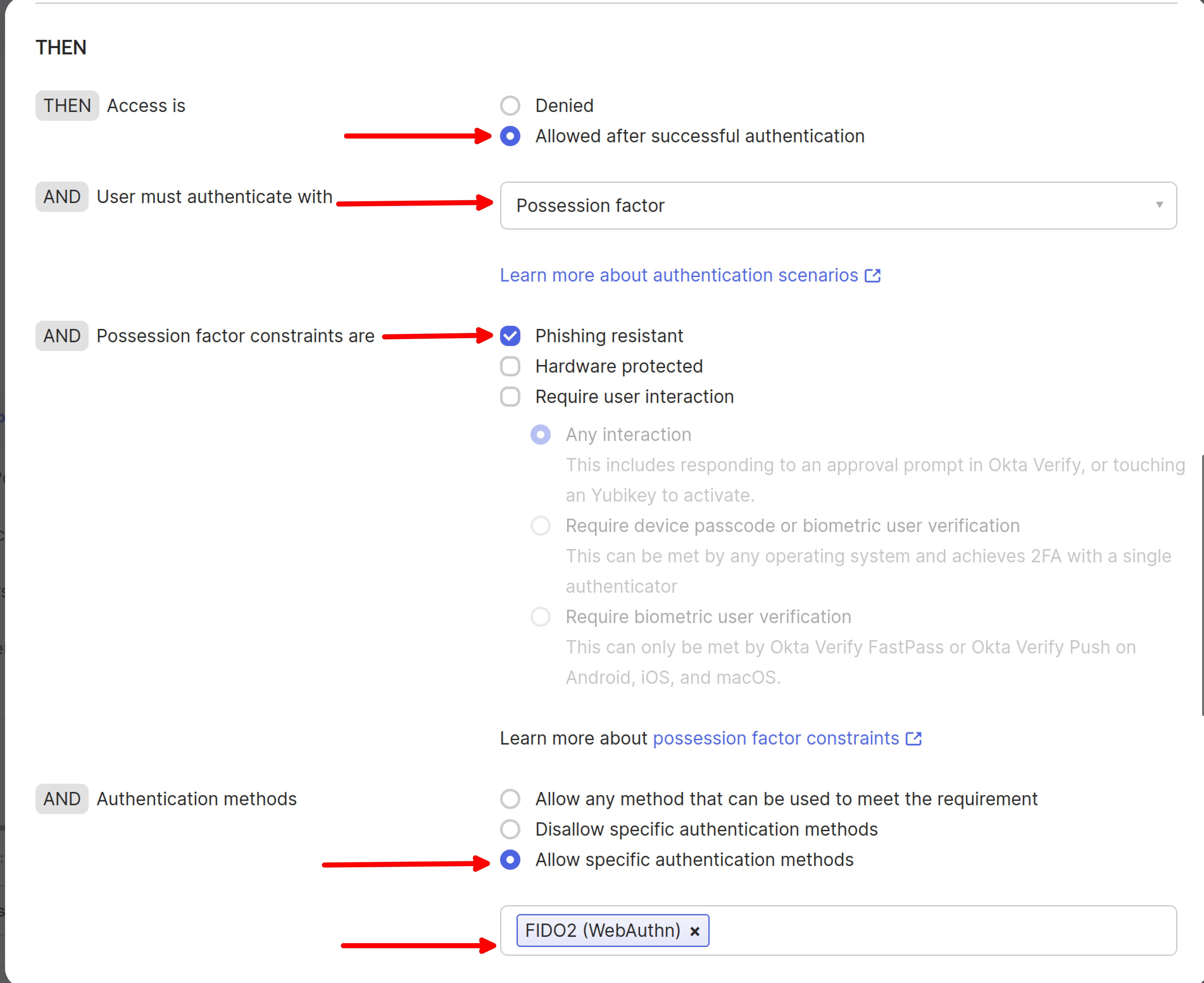 Okta - Authentication Rule Settings