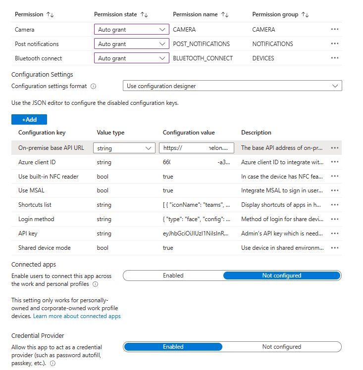 Settings page of the app configuration policy, with permissions, configuration keys, and Credential Provider enabled