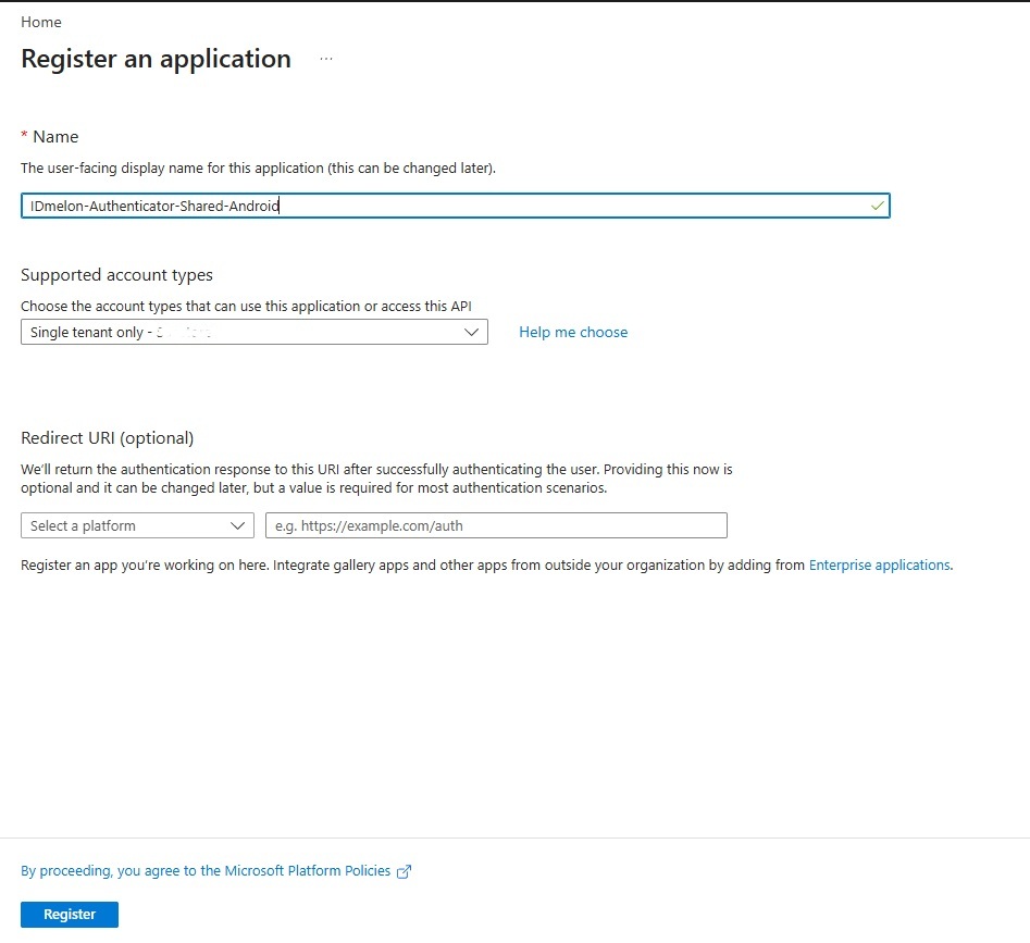 Choosing the supported account types when registering the app in Microsoft Entra