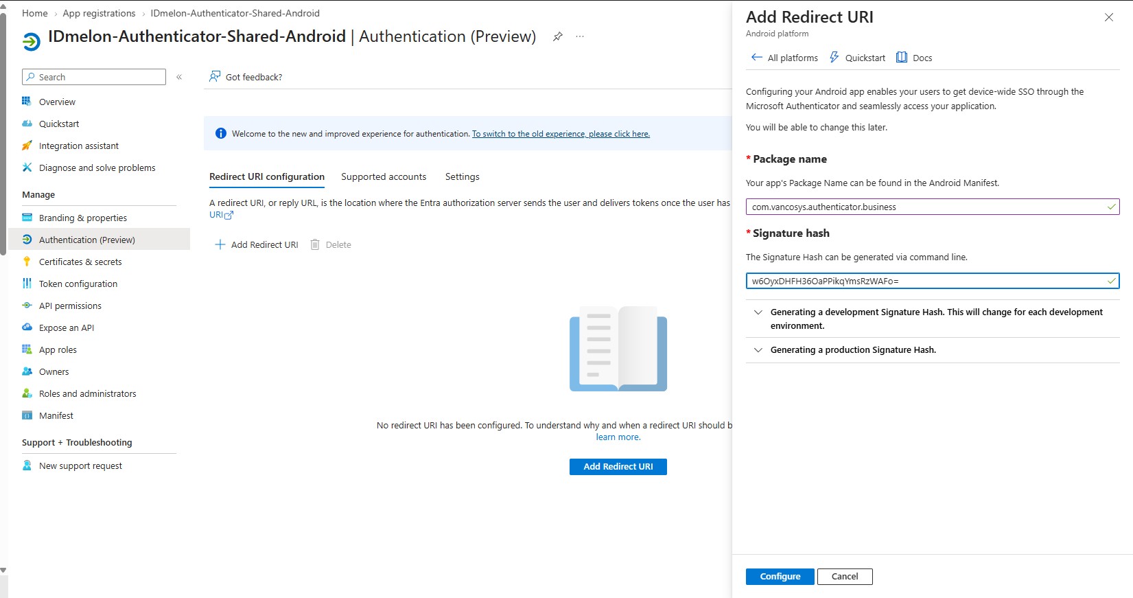 Entering the Android package name and signature hash to generate the redirect URI