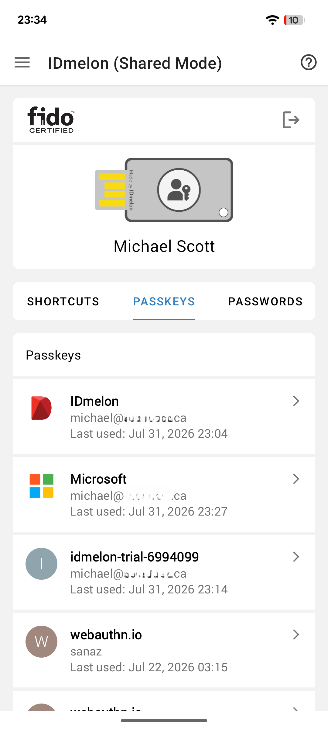 The passkeys available to the signed-in user