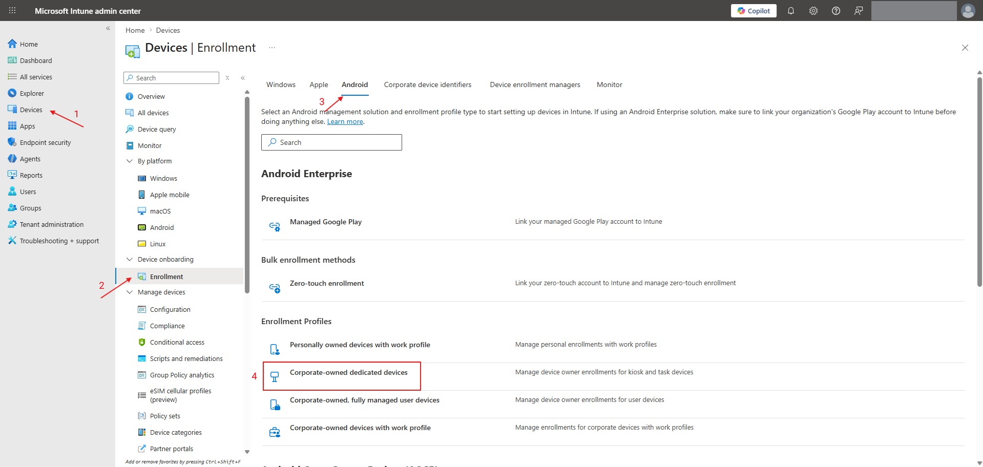 Android enrollment profiles in the Intune admin center