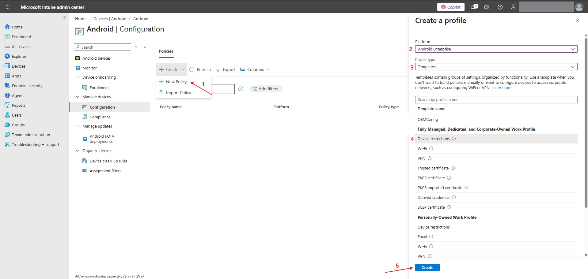 Creating an Android Enterprise device restrictions profile in Intune