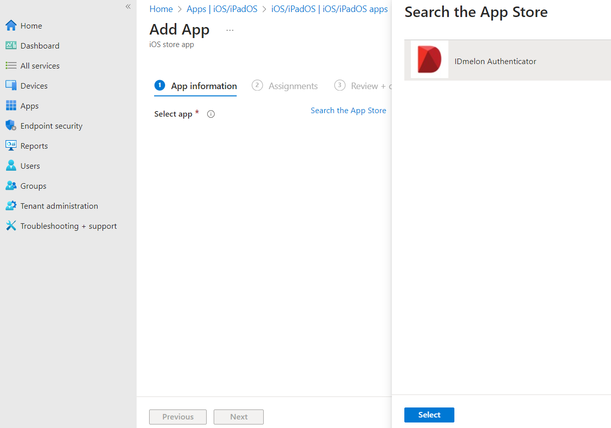 Intune app add flow for IDmelon Authenticator