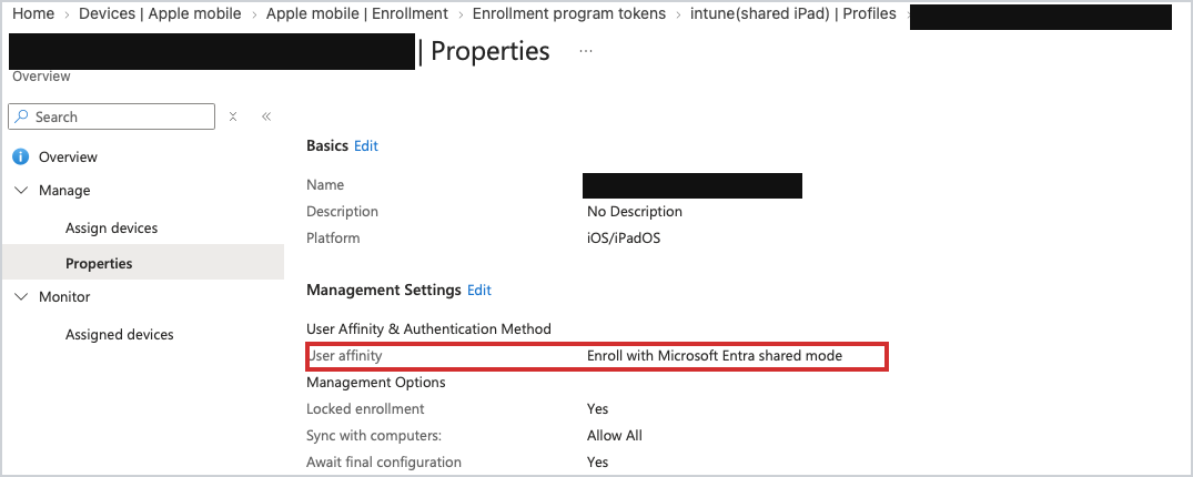 User affinity set to Enroll with Microsoft Entra shared mode