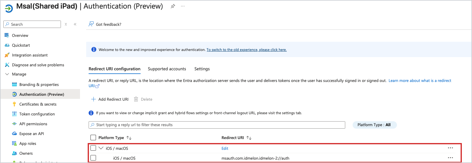 The redirect URI under the iOS / macOS platform