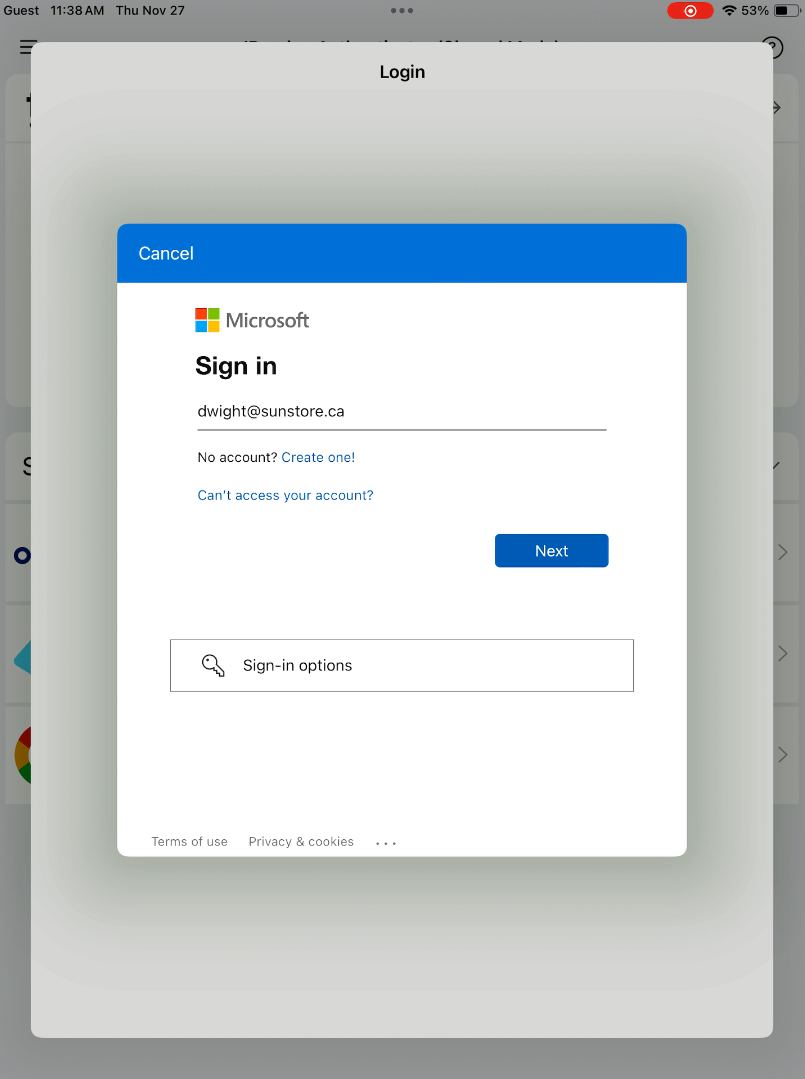 Microsoft sign-in prompt on the shared iPad