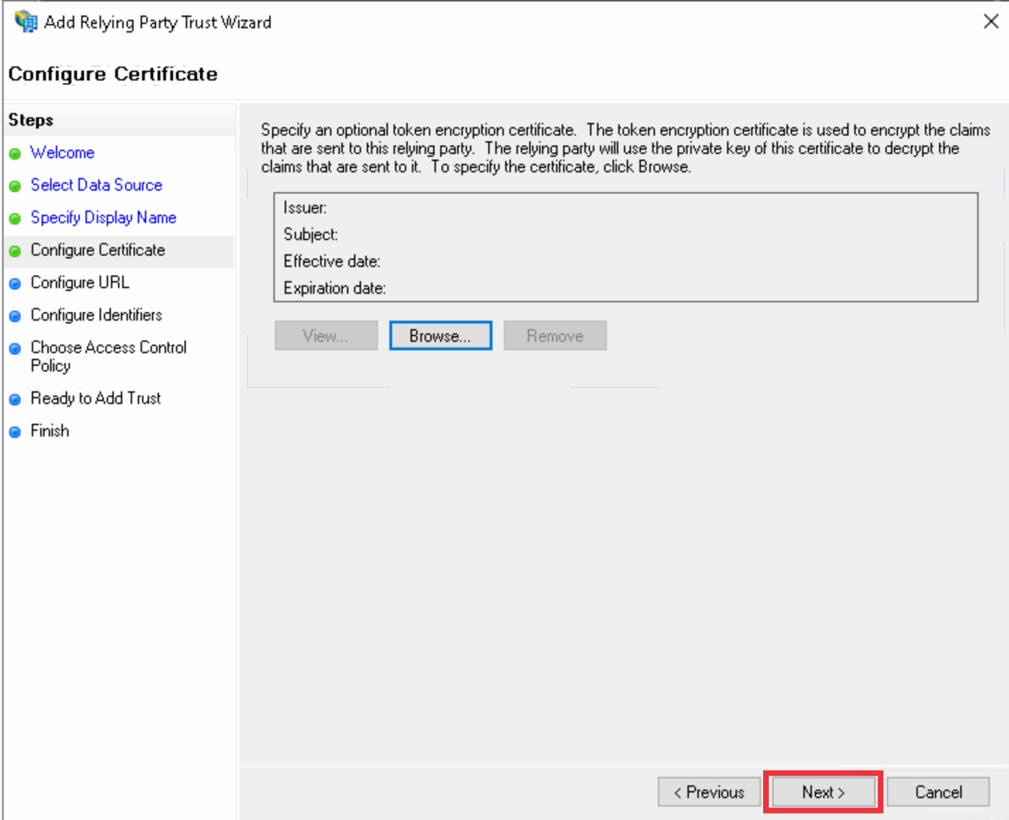 AD-FS SetUp Window 4