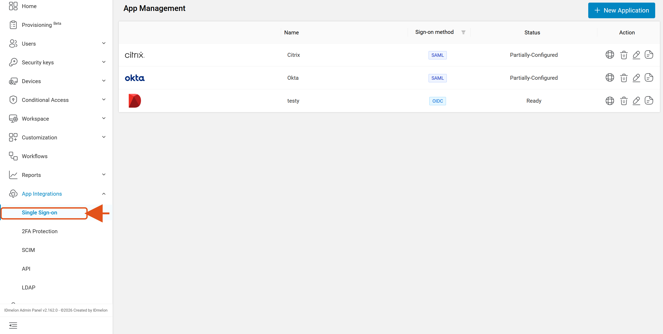 Single Sign-on selected in the sidebar, with an arrow pointing at New Application
