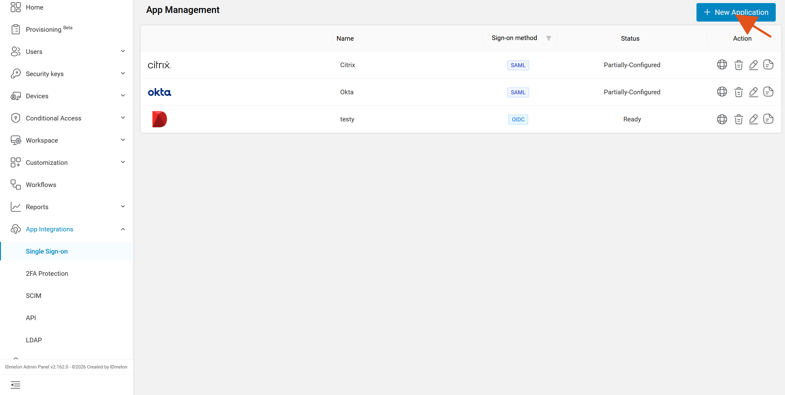 App Management screen with an arrow pointing at New Application