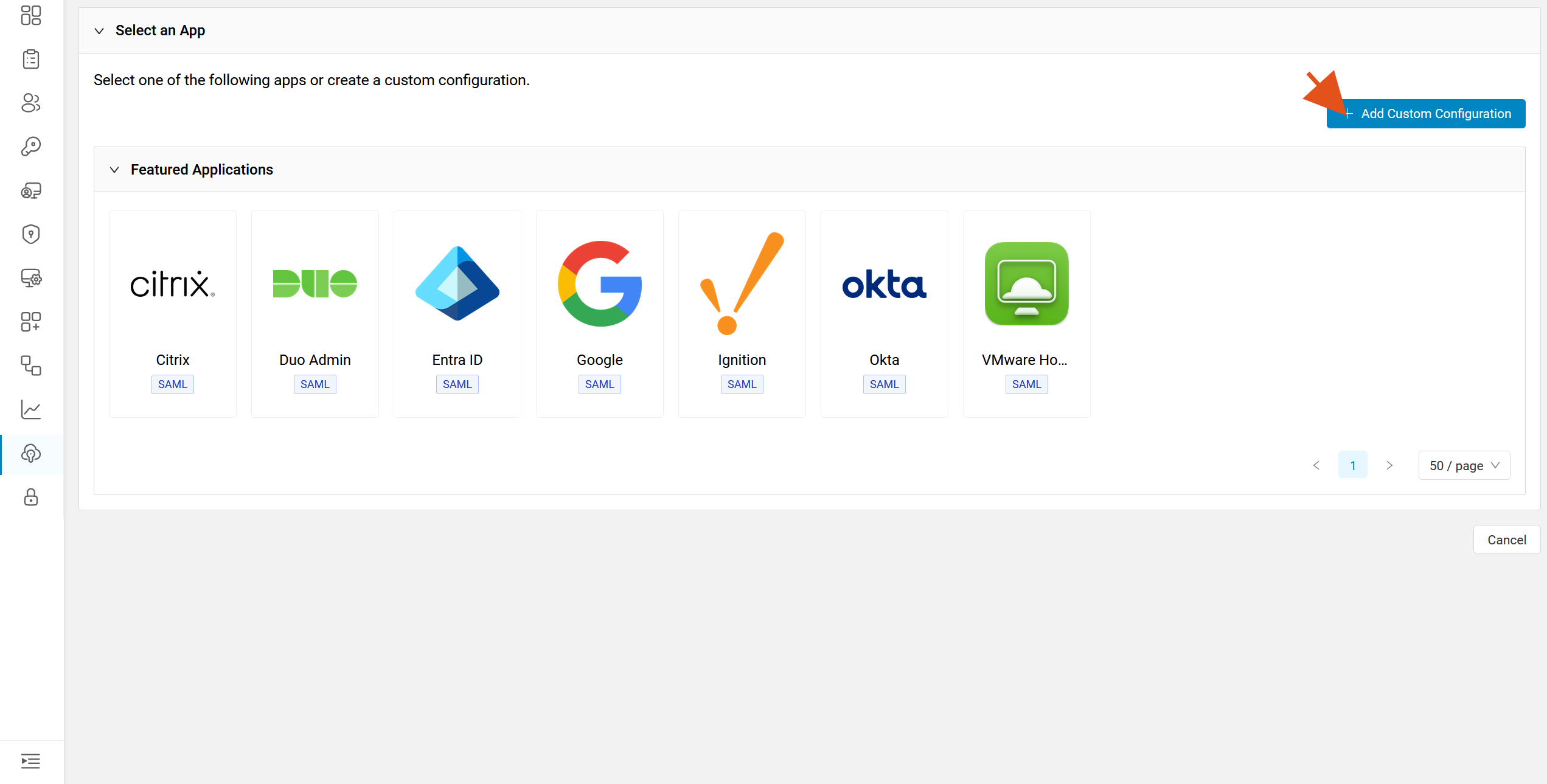 Select an App screen with an arrow pointing at Add Custom Configuration