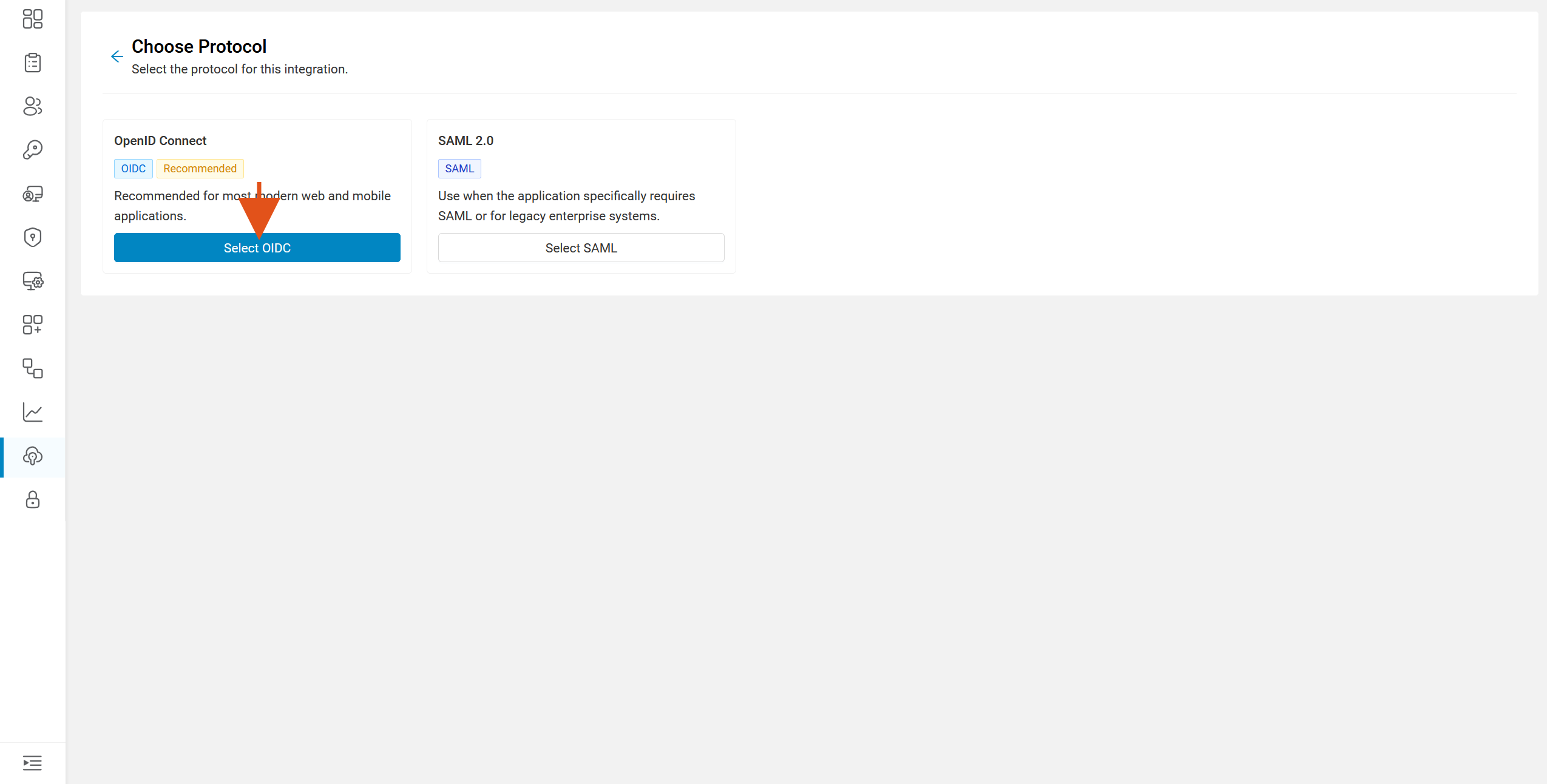 Choose Protocol screen with an arrow pointing at Select OIDC