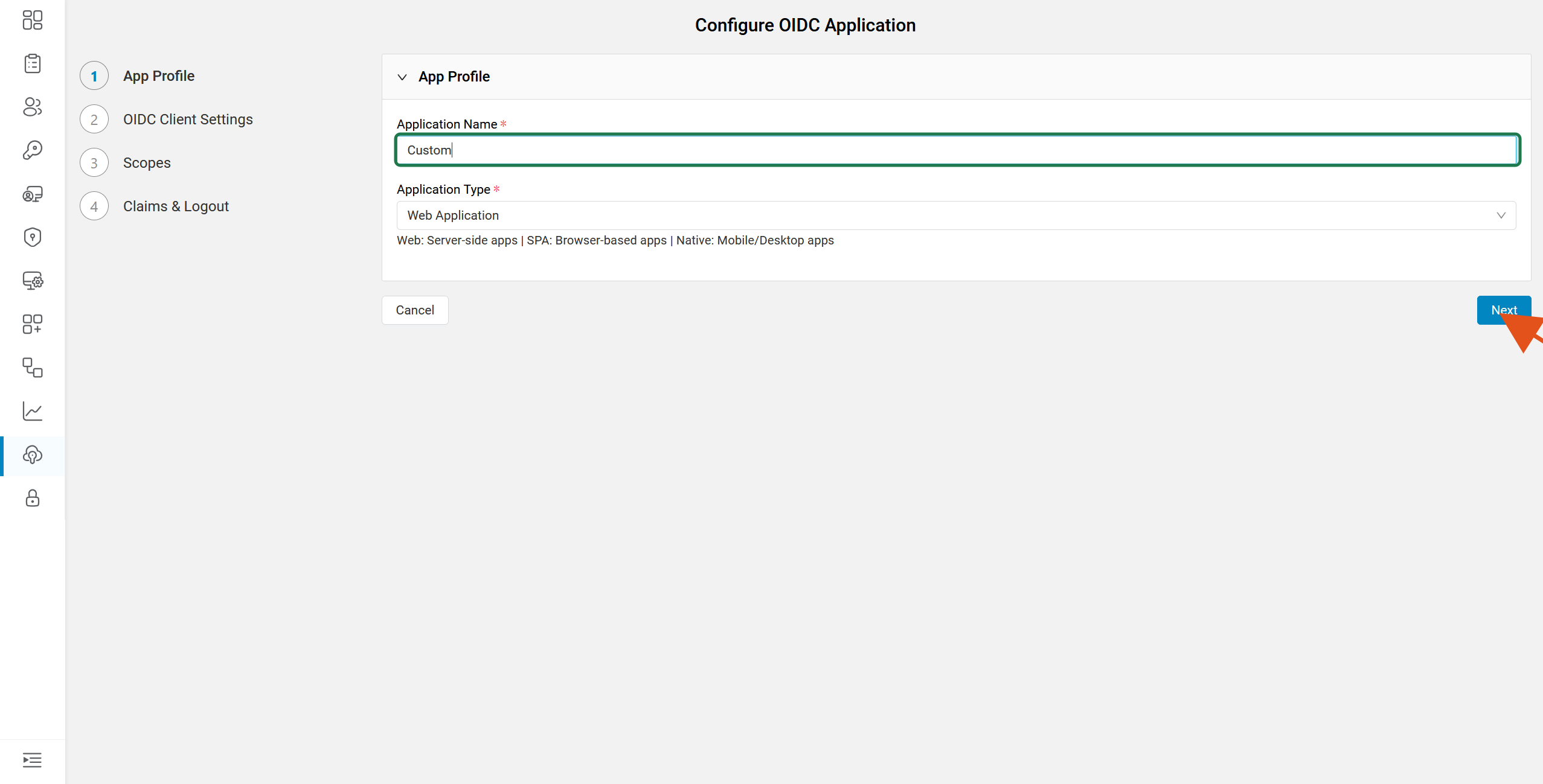 App Profile step with the Application Name field boxed and Next highlighted