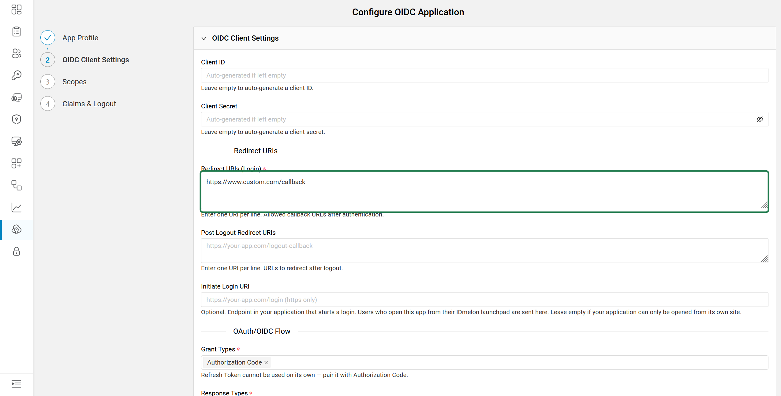 OIDC Client Settings step with the Redirect URIs (Login) field boxed