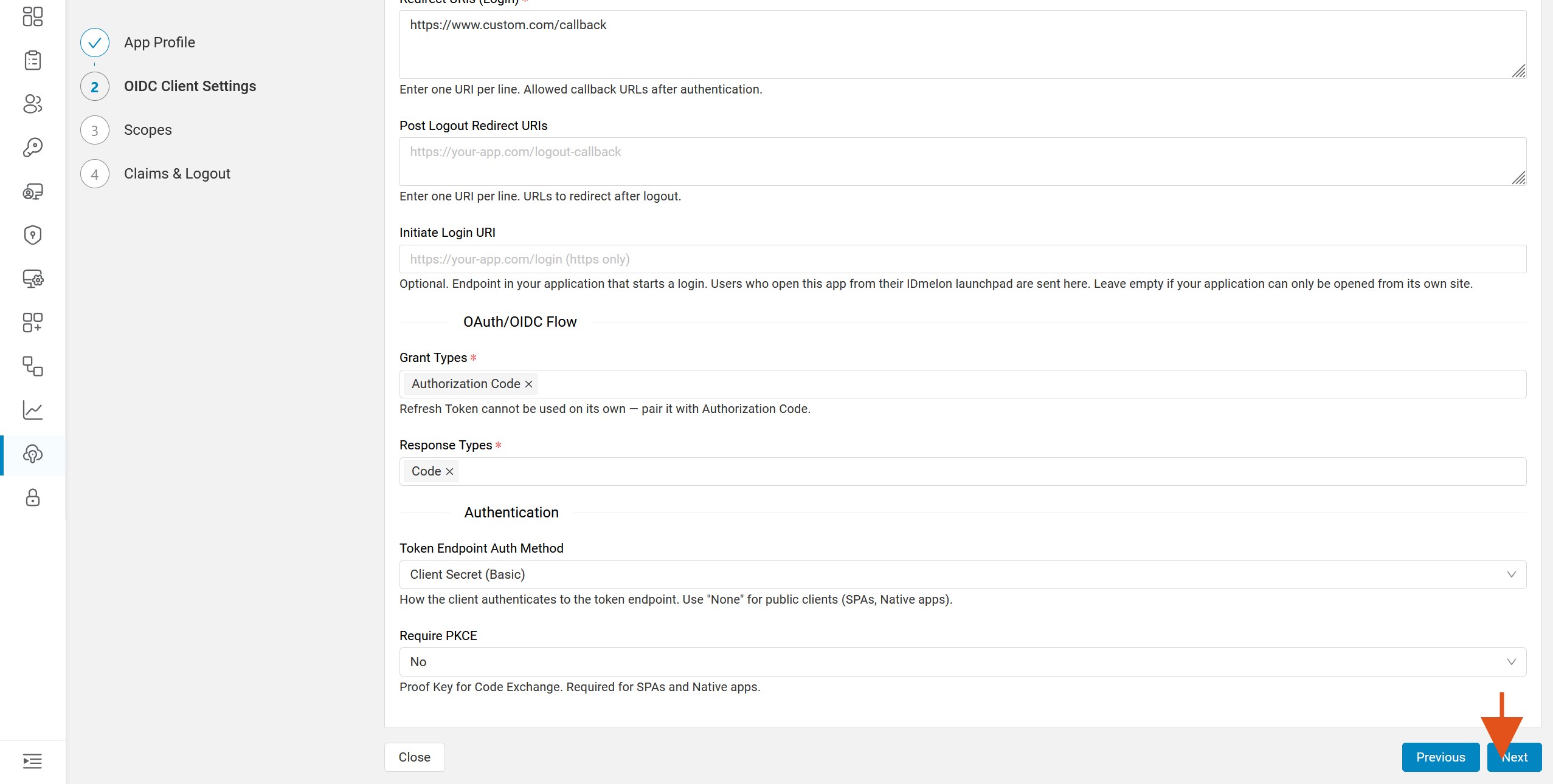 Bottom of OIDC Client Settings with an arrow pointing at Next