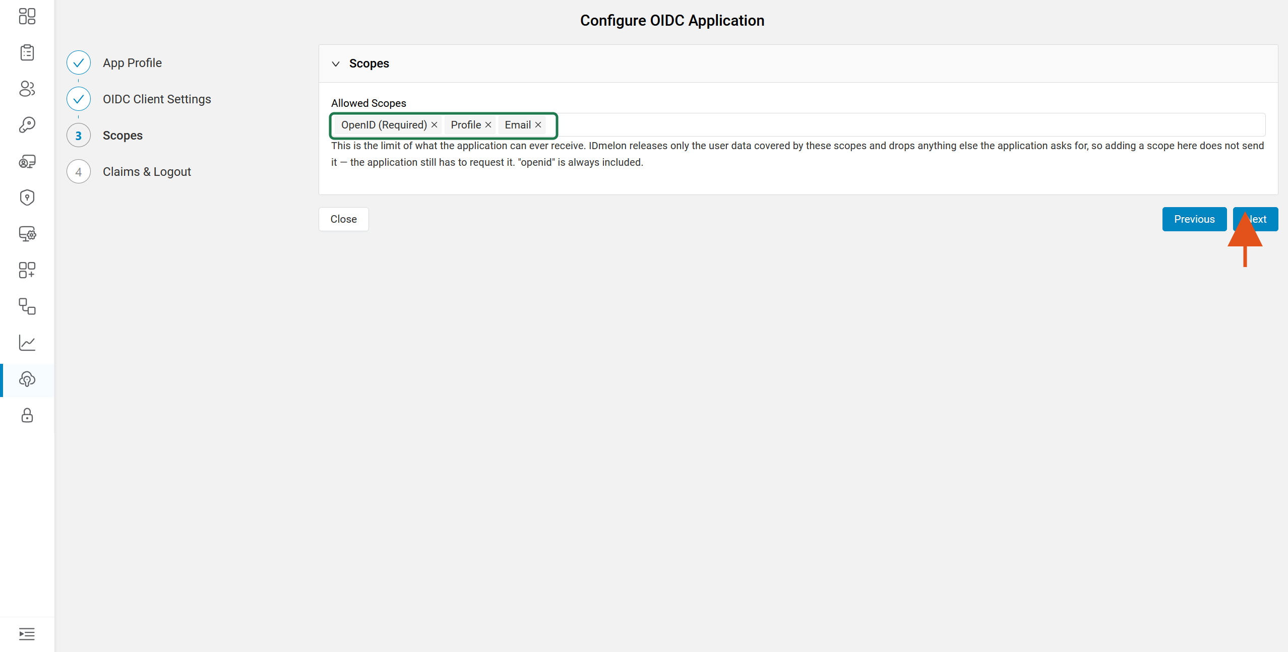 Scopes step with OpenID, Profile and Email boxed and an arrow pointing at Next