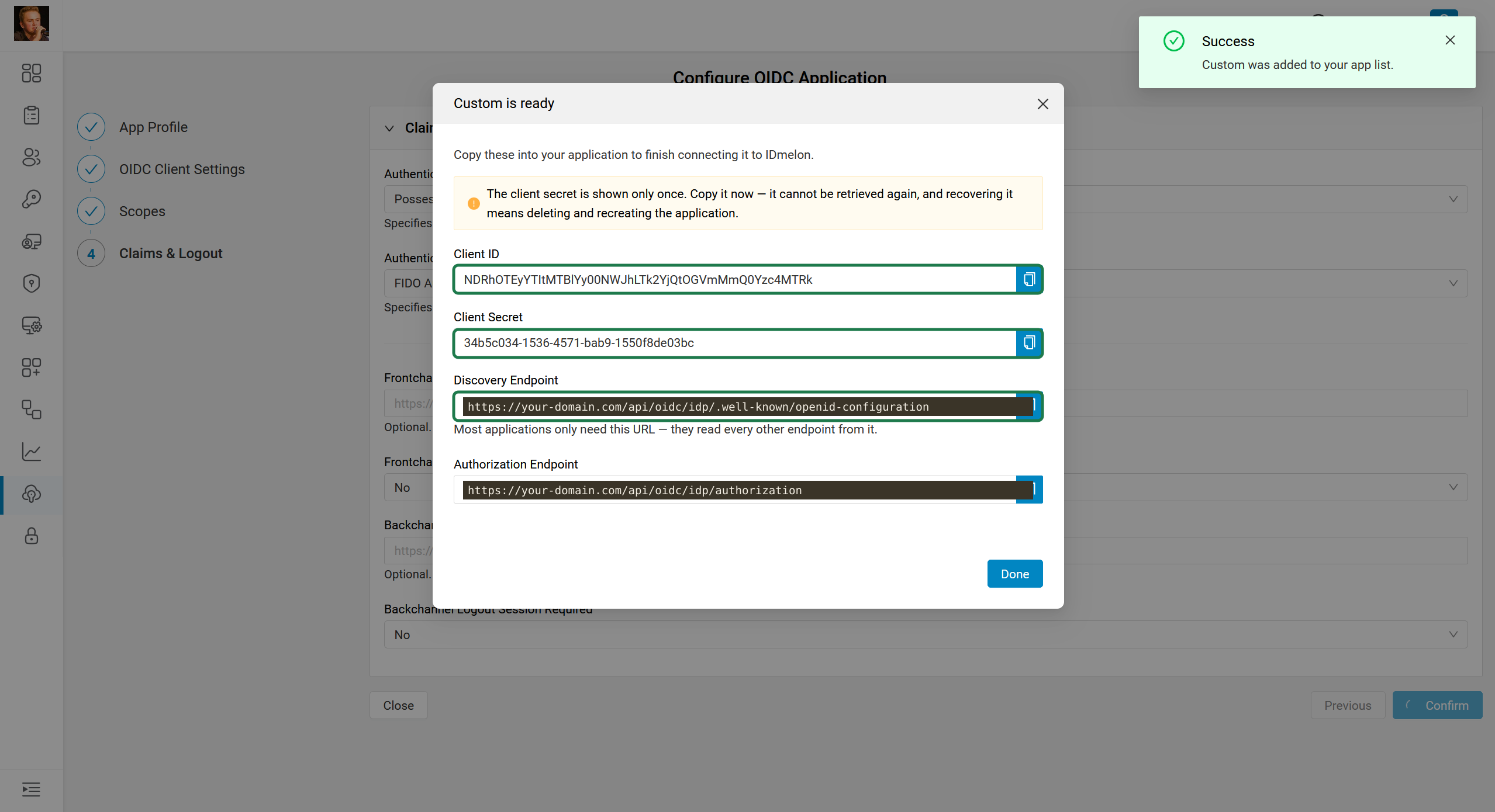 Custom is ready dialog with Client ID, Client Secret and Discovery Endpoint boxed