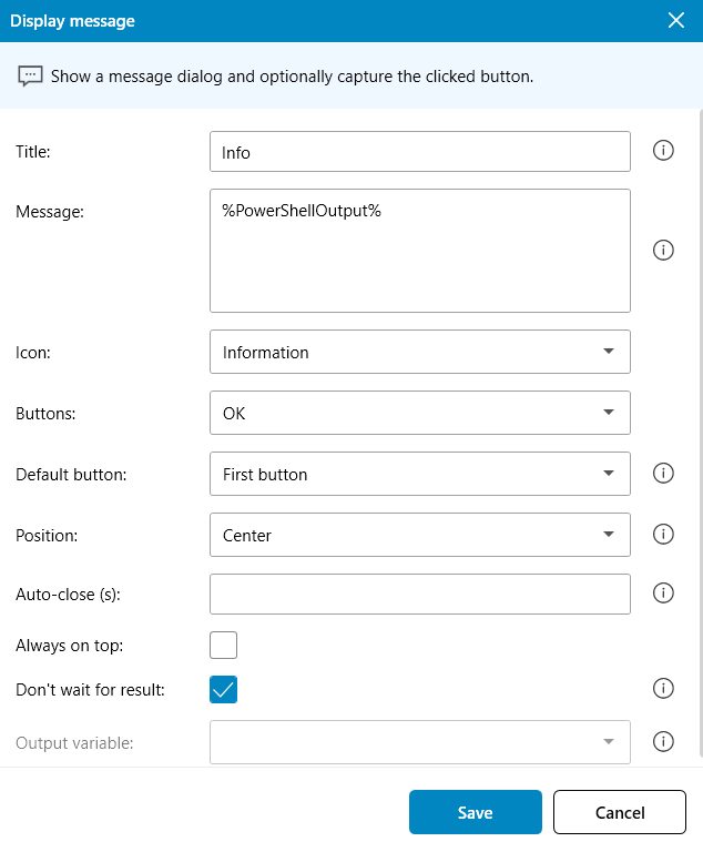 Display message action