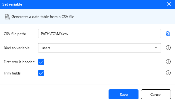 Read CSV from file action